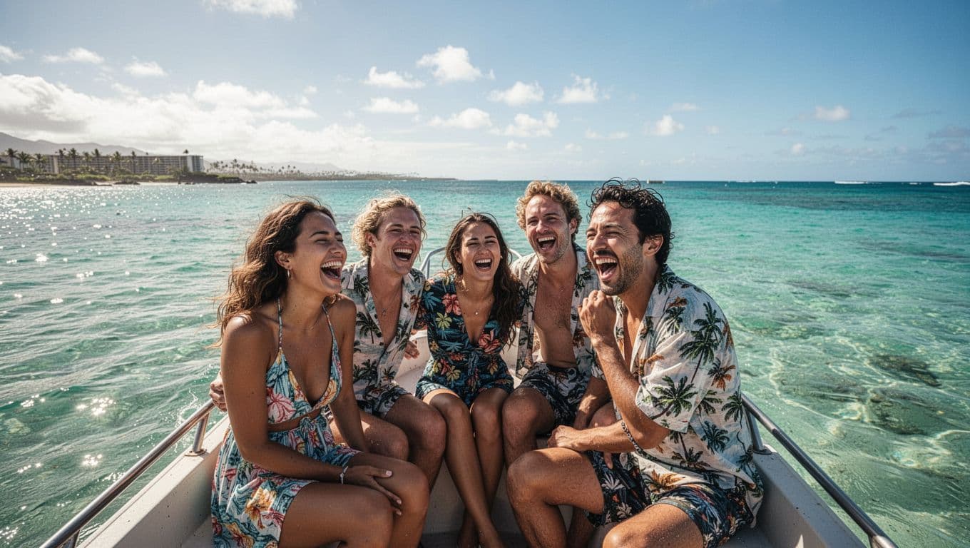 A diverse group of cheerful passengers smiles while relaxing on a motorized boat cruising through vibrant turquoise tropical waters. Lush green mountain ridges appear in the distant hazy horizon under sunlight.