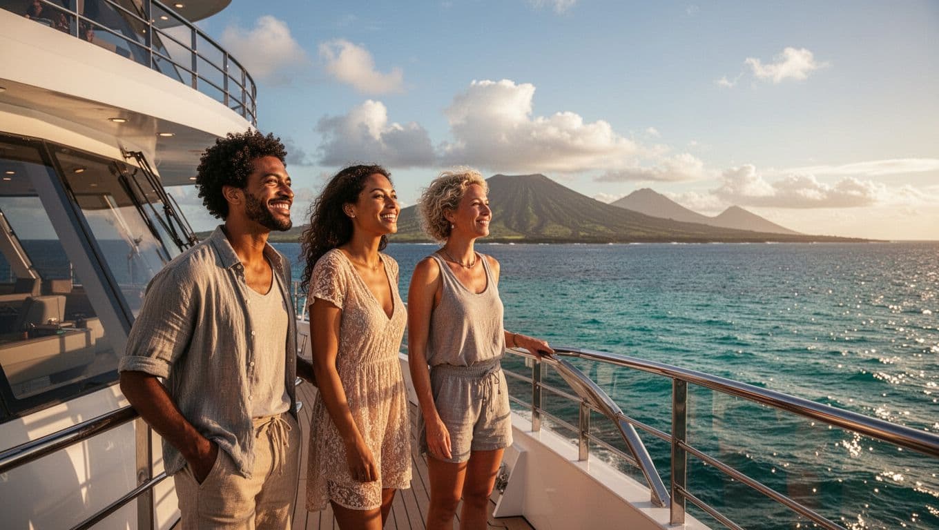 A diverse group of cheerful friends stands on the deck of a modern double-decker boat in Hawaii. They gaze toward the ocean while dramatic lighting highlights their joyful expressions and silhouettes.