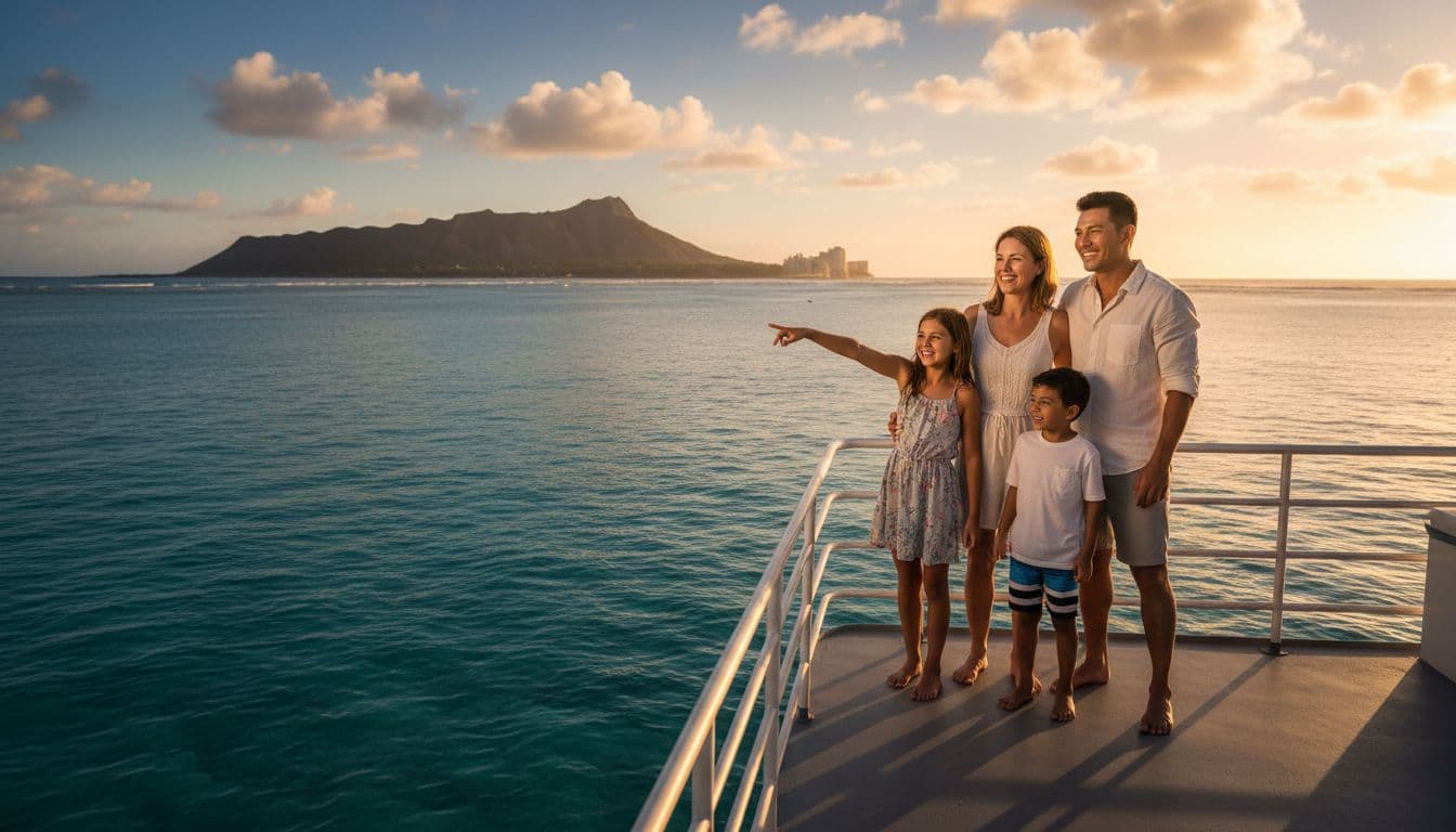 A joyful multiracial family of four, including parents and kids aged 5 and 7, stands on the open deck of a double-decker tour boat cruising calm turquoise waters off Waikiki Beach, Hawaii, with Diamond Head in the background on a sunny day.
