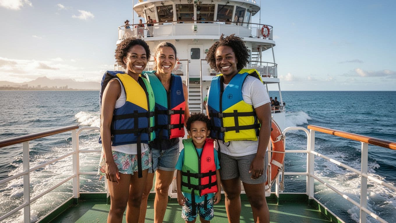 A joyful multiracial family of four, including a preschooler child, wears colorful lifejackets and stands relaxed on the sunny double-decker boat deck near Waikiki, with calm sea and ocean horizon background.