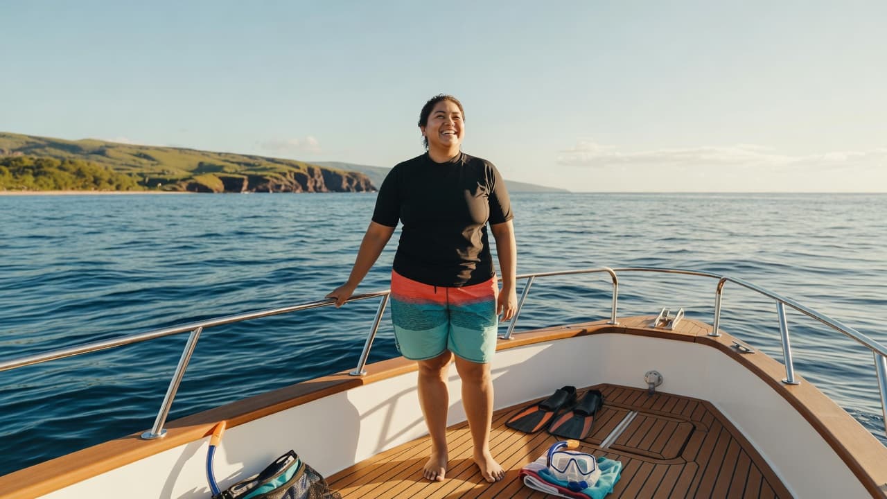 A smiling person stands on the wide, wooden deck of a boat in Hawaii. The bright tropical sun illuminates the vast blue ocean stretching out towards the distant, hazy horizon line.