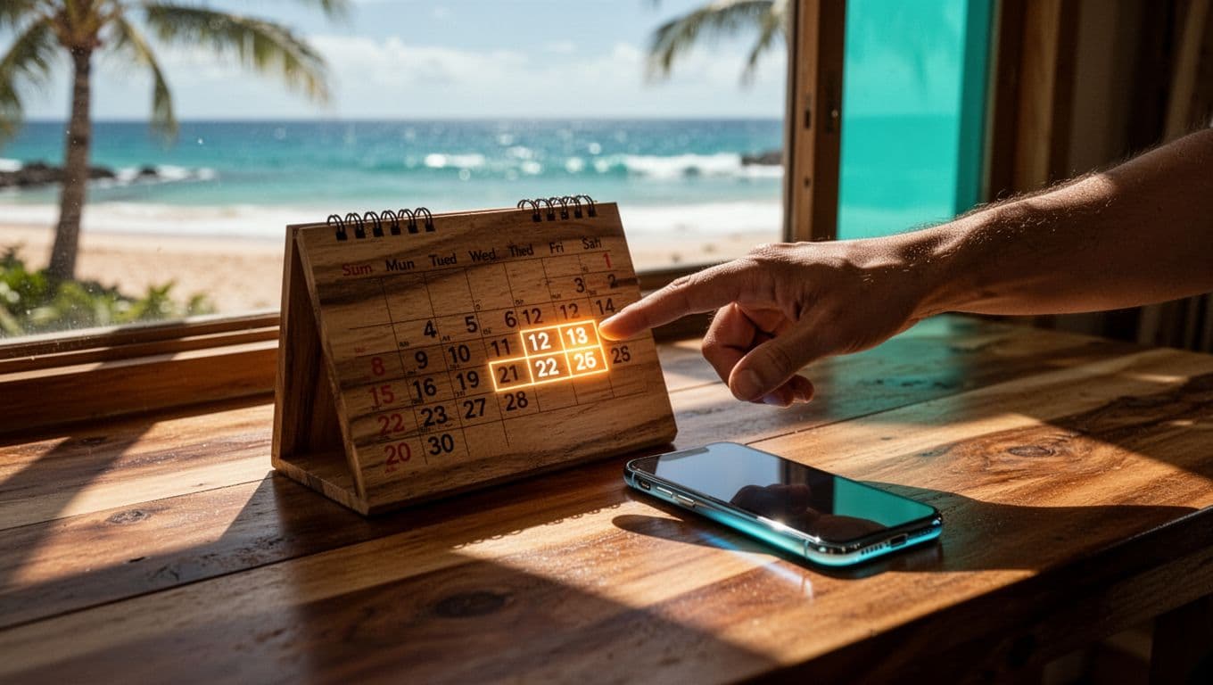 A calendar on a tropical wooden table marks future dates with a red circle, set against a Hawaii beach view through the window, with a smartphone showing booking confirmation and a relaxed hand pointing to the date in cinematic style.