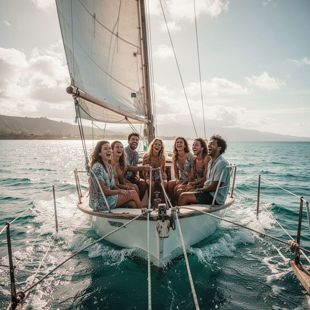 A group of people relaxes on a boat while enjoying a sunny day on the Pacific Ocean.