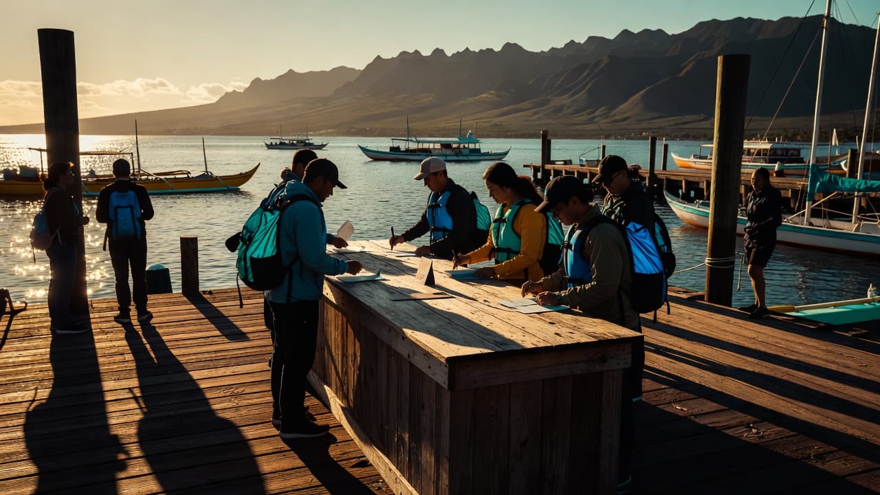 Guests standing at a wooden harbor desk to check in for a boat tour in Hawaii.