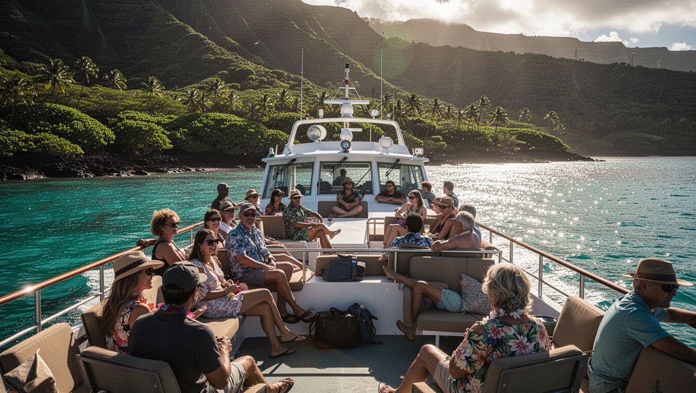 Passengers ride a tour boat beside Hawaii's lush green coastline.