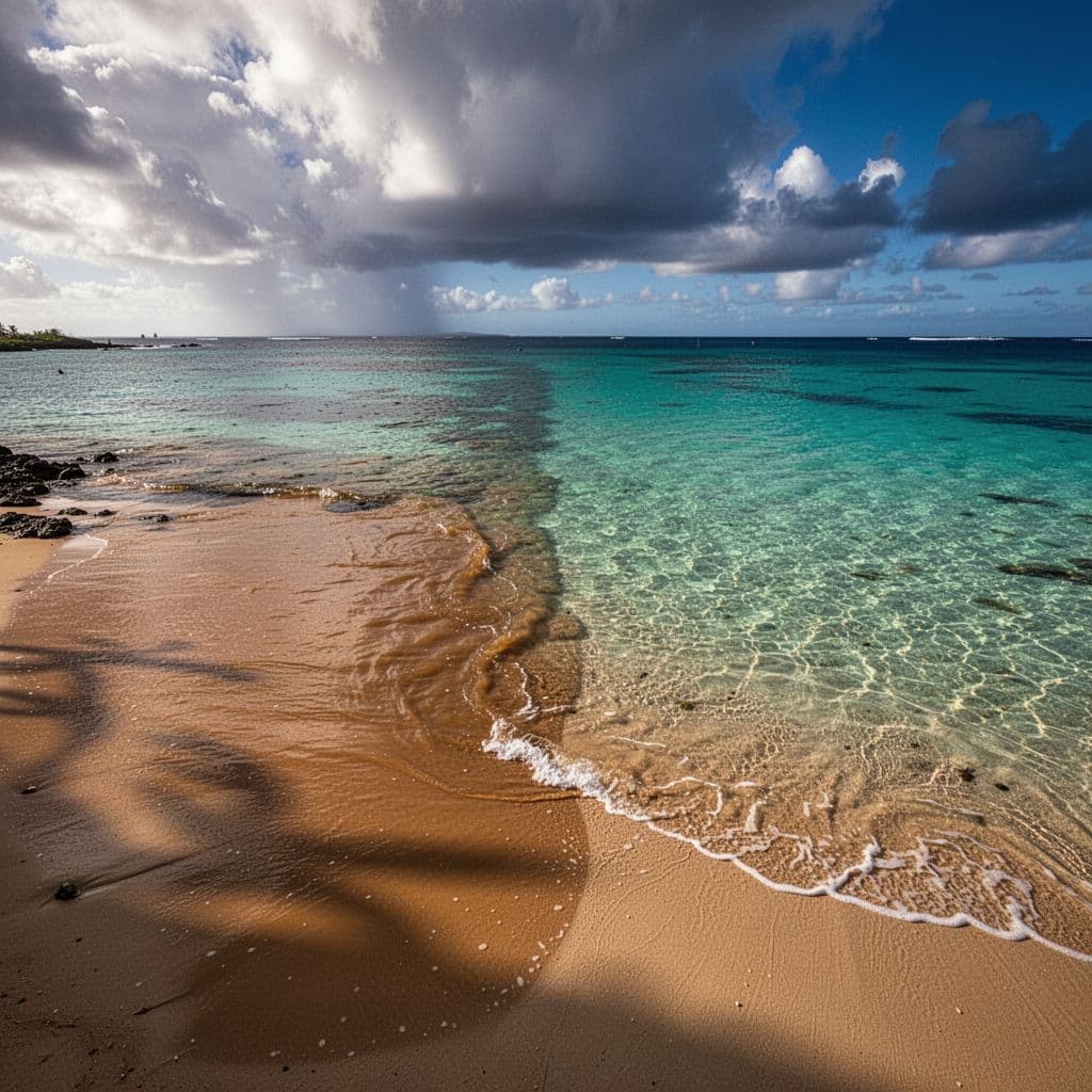 A split-screen view depicts clear blue ocean water contrasting sharply against murky brown runoff along a coastline.