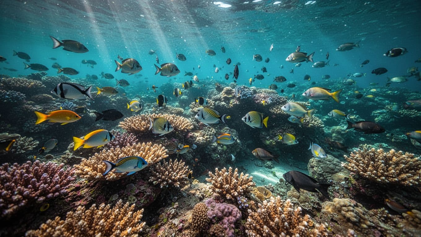 Tropical fish swim above a colorful coral reef in clear Hawaiian water.