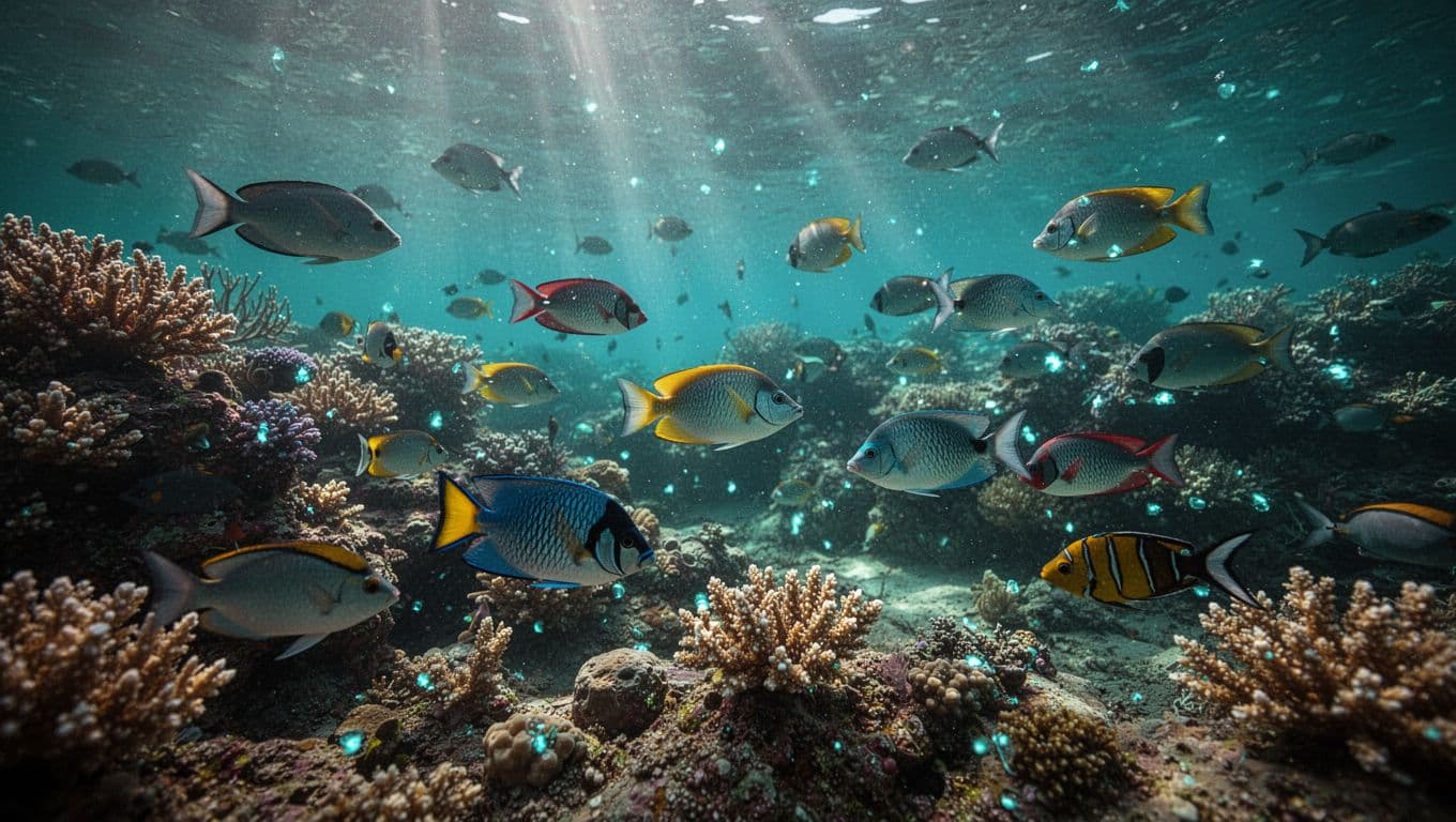 Colorful tropical fish swim above a coral reef in clear turquoise Hawaiian water.