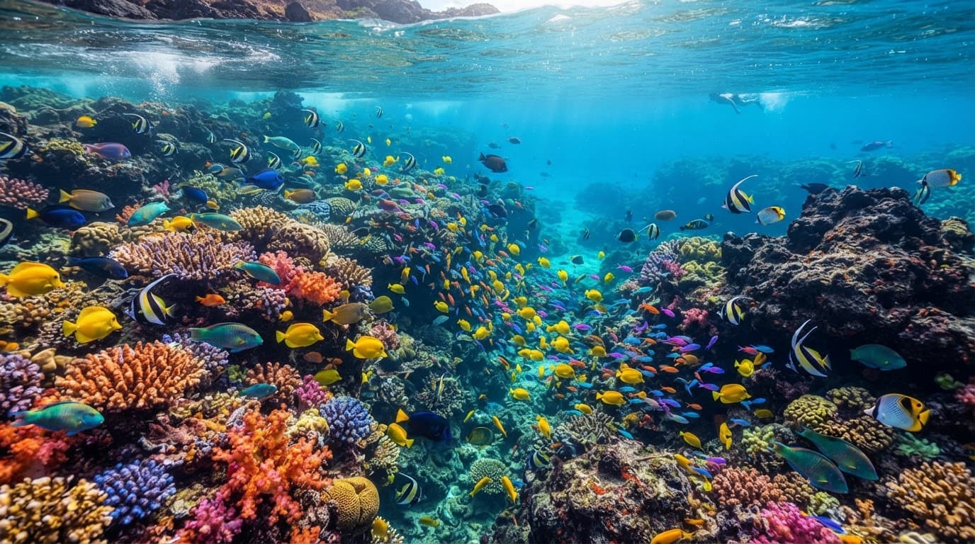 Colorful fish swim above coral and volcanic rock in clear Hawaiian water.