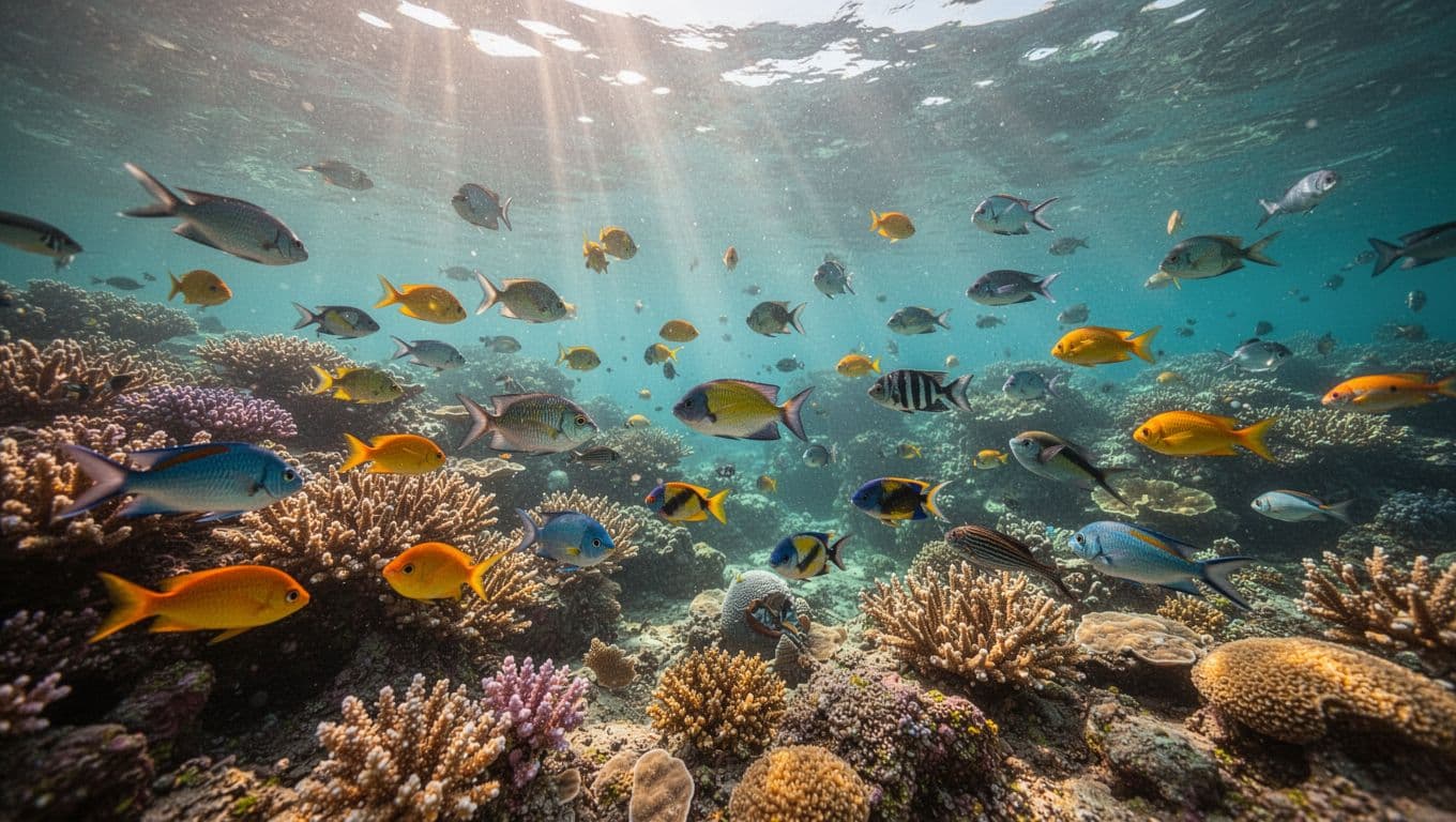 Colorful fish swim above a sunlit coral reef in clear Hawaiian water.