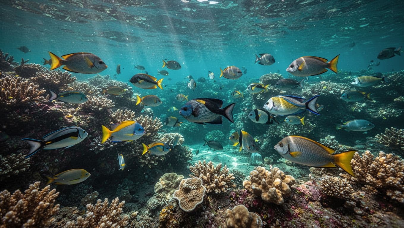 Colorful tropical fish swim above a coral reef in clear Hawaiian water.