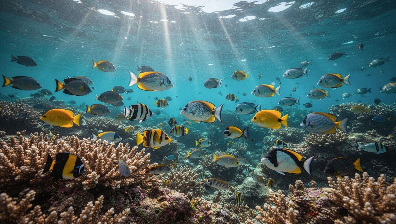 Colorful fish swim above corals in clear Hawaiian water.