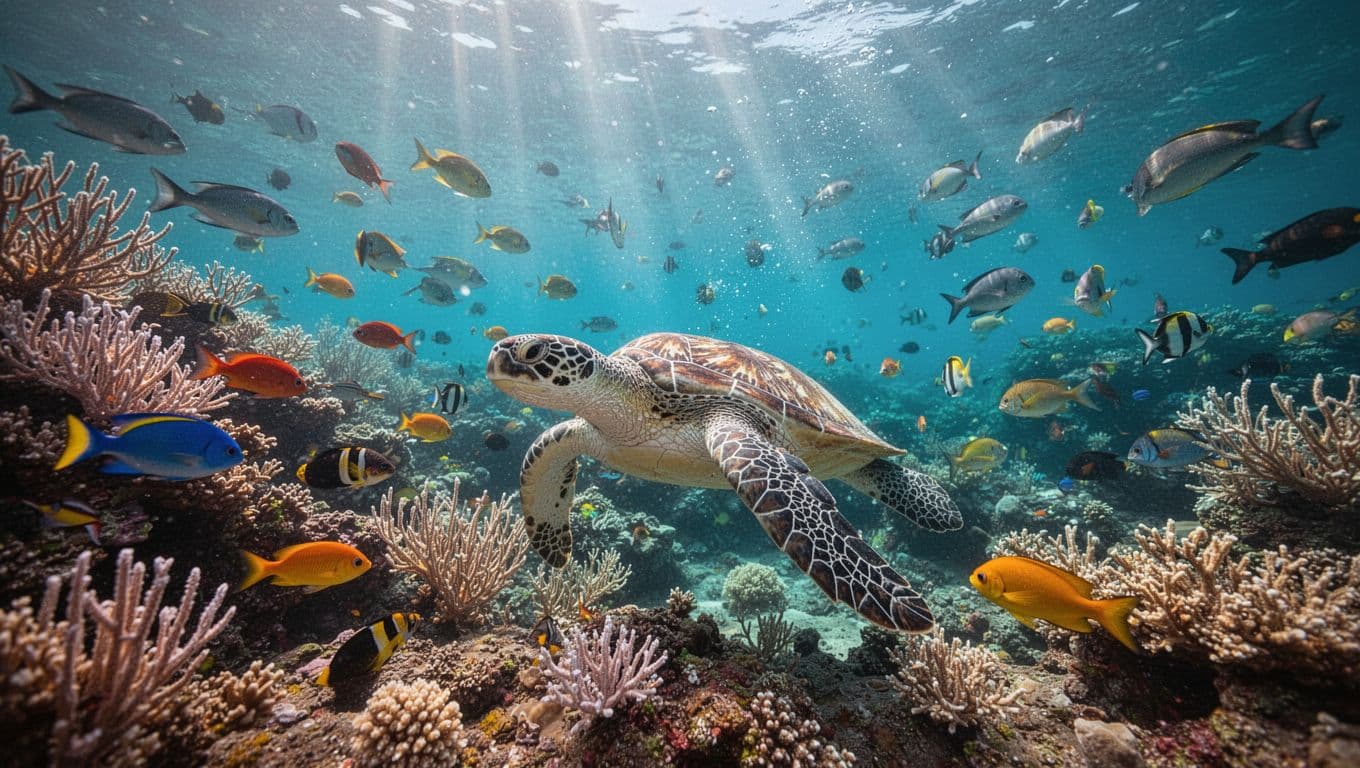 Colorful Hawaiian coral reef with tropical fish and sea turtles in clear blue water.