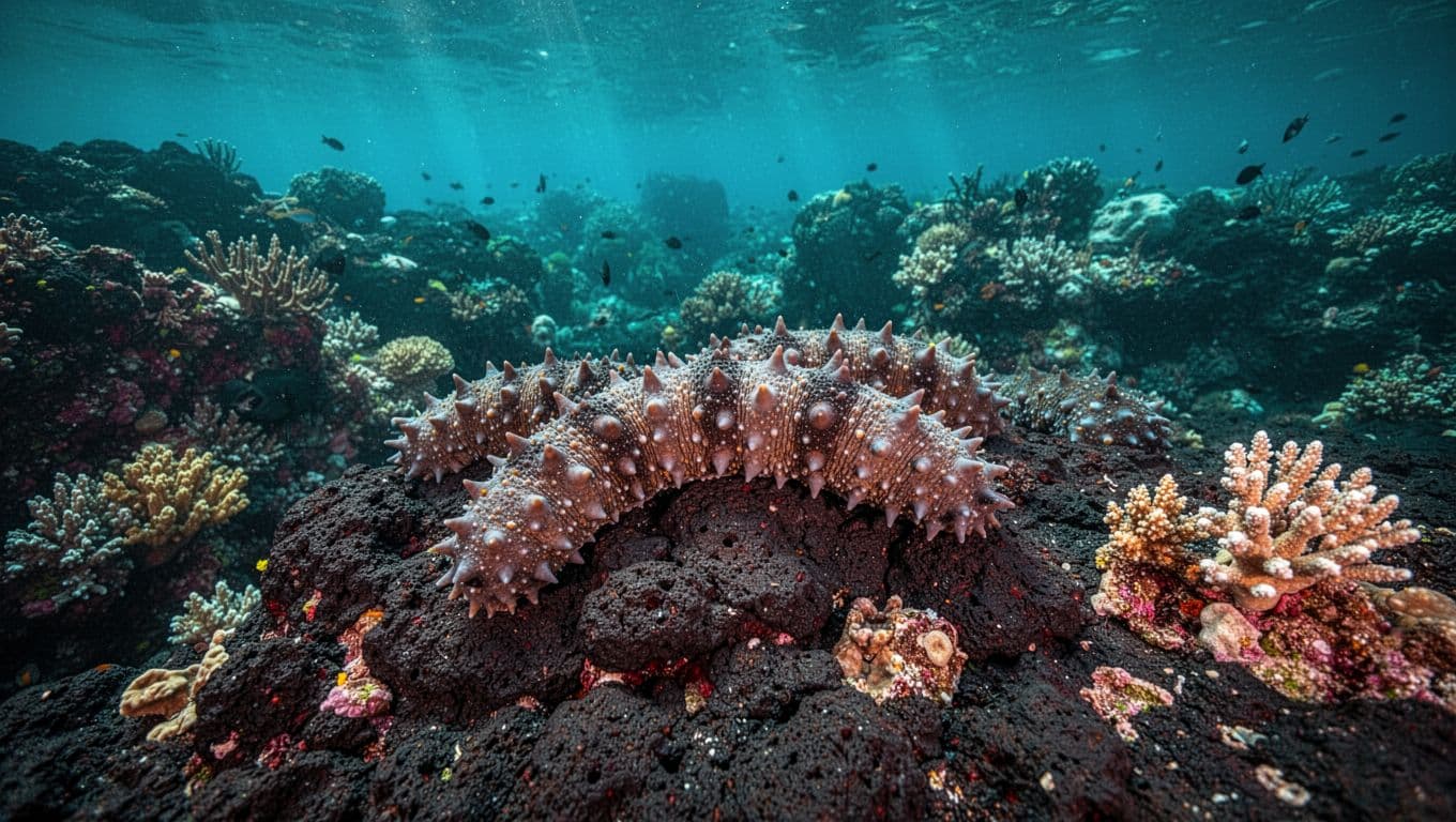 Sea cucumbers rest on dark volcanic rock beneath a colorful Hawaiian coral reef.