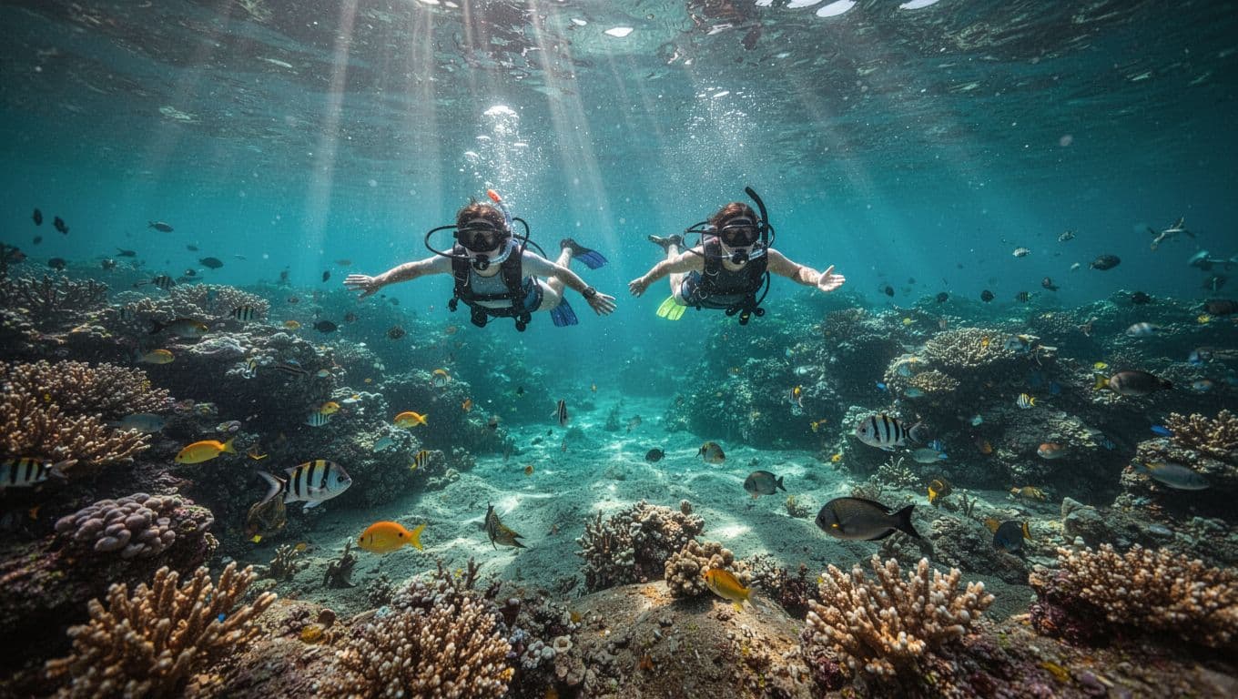 Two snorkelers explore a colorful coral reef in bright Hawaiian waters.