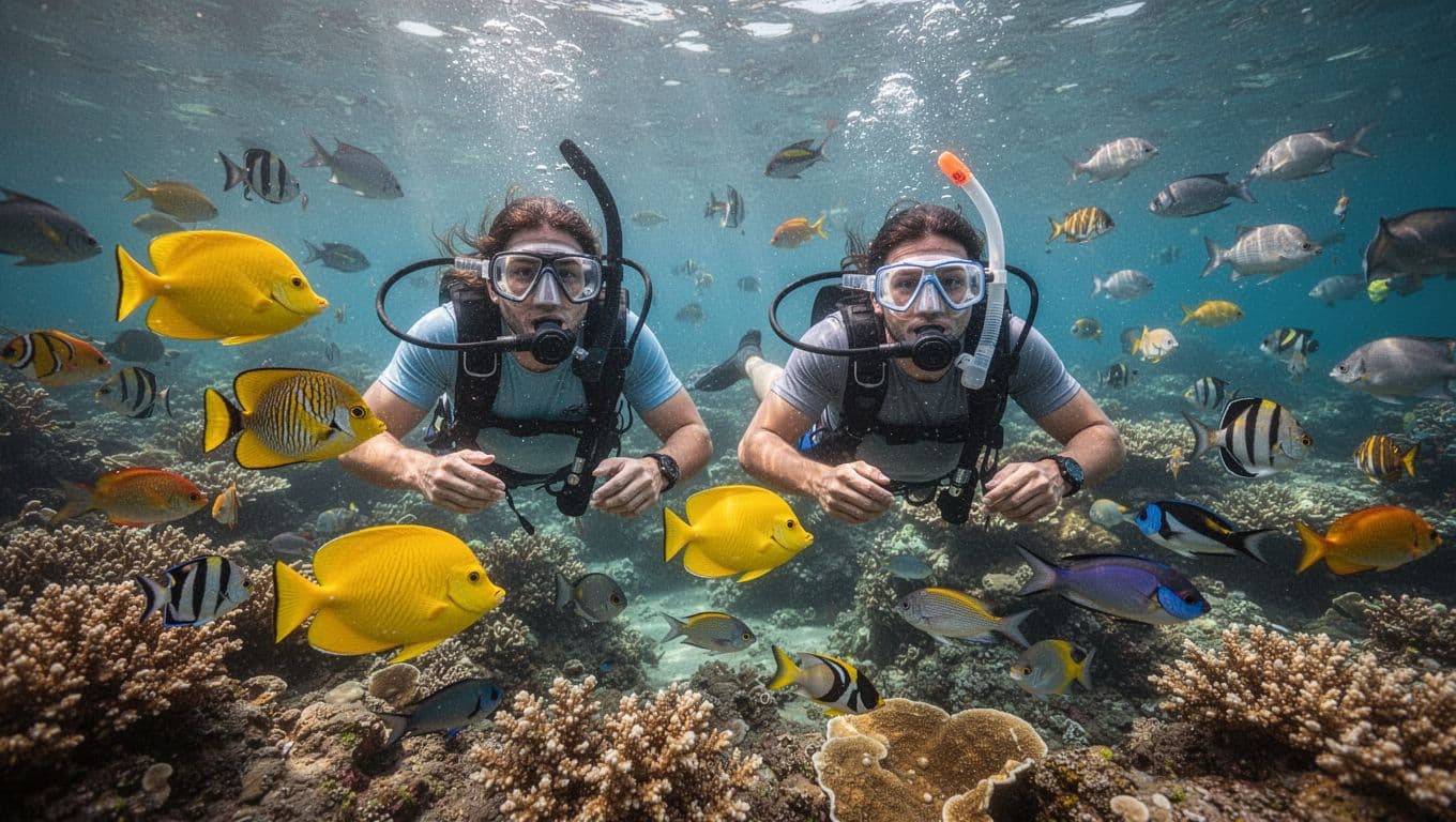 Two snorkelers swim above a colorful Hawaiian coral reef with tropical fish.