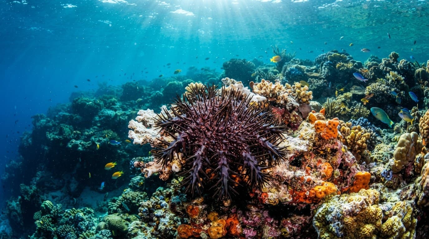 A spiky starfish rests on stony coral in clear cyan ocean water.