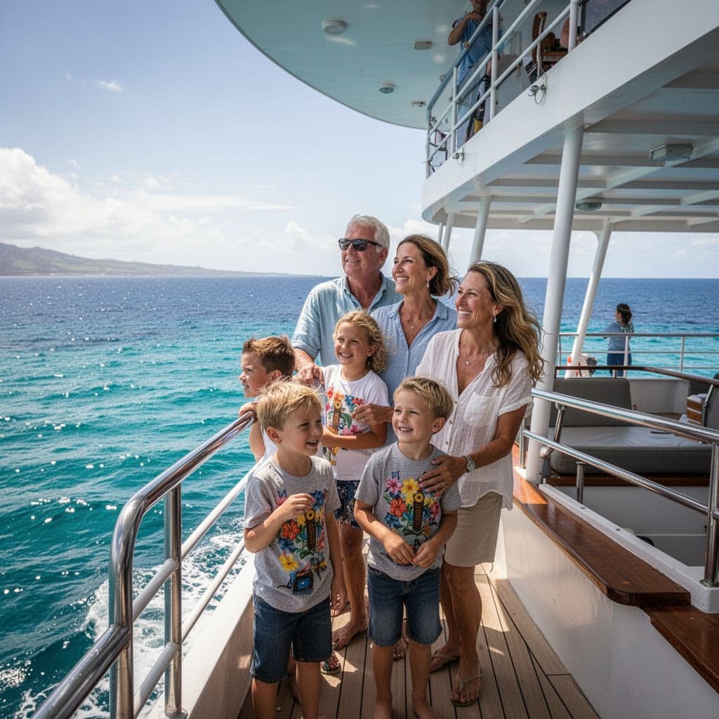 A cheerful family with small children stands on the deck of a stable boat in Hawaii. They gaze out at the vast, clear blue ocean under the bright, sun-drenched daylight sky.