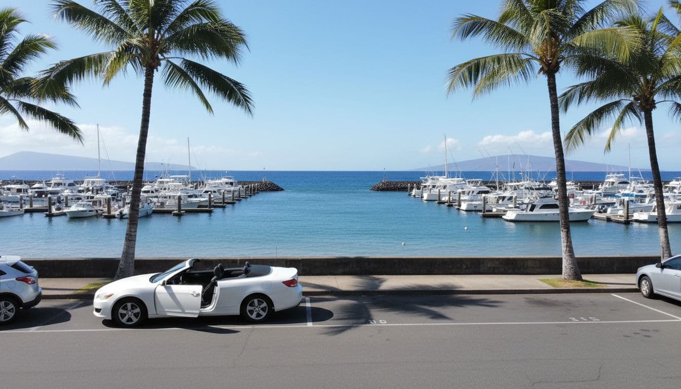 Cars parked in a sunny parking lot beside a boat harbor in Hawaii, with palm trees nearby, ocean waves, and boats in slips visible. One car in the foreground has an open door, evoking a relaxed vacation scene in bright daylight.