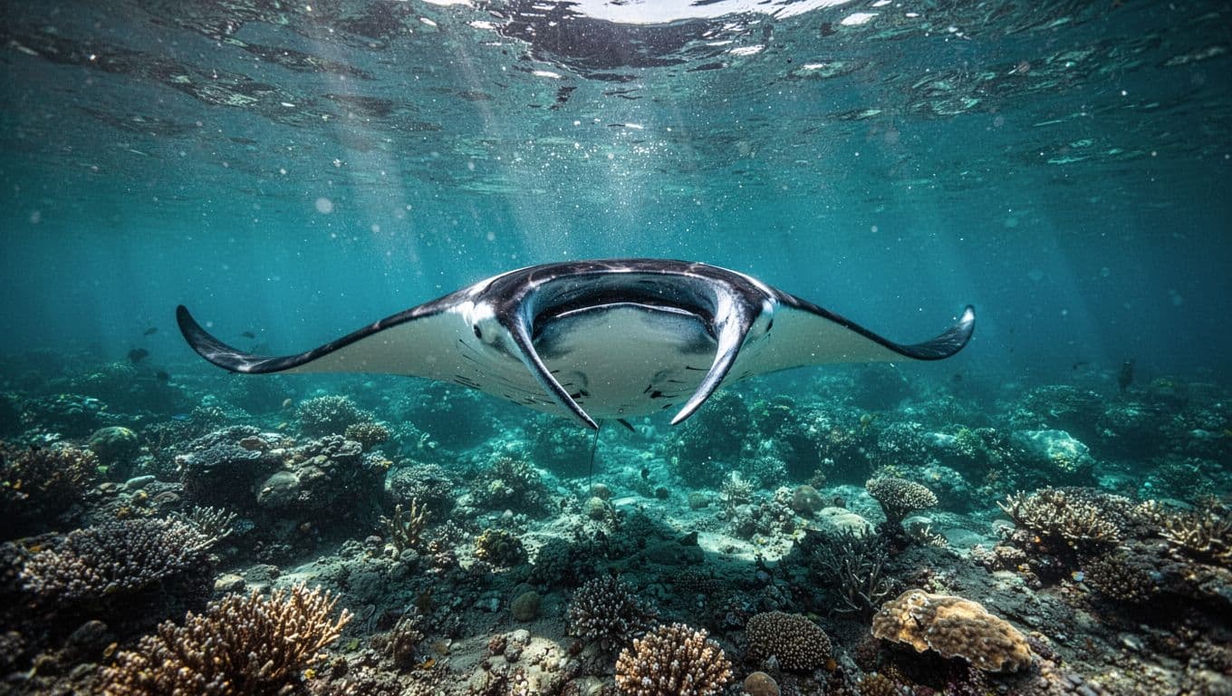 A giant manta ray glides over a colorful coral reef in clear turquoise water.