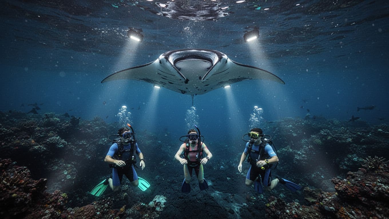 One manta ray swims above three snorkelers over a dark reef.