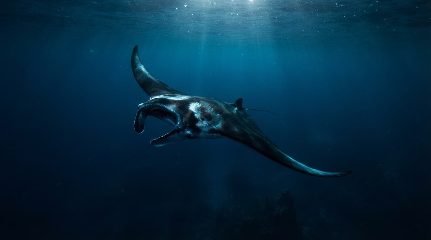 A manta ray gliding through deep blue Hawaiian ocean water.