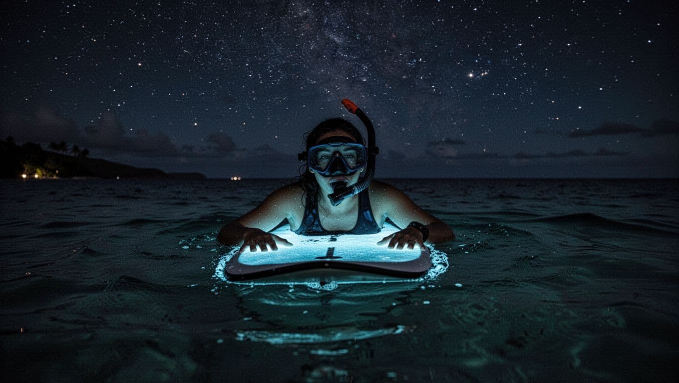 A masked snorkeler holds a blue-lit board on the dark ocean.