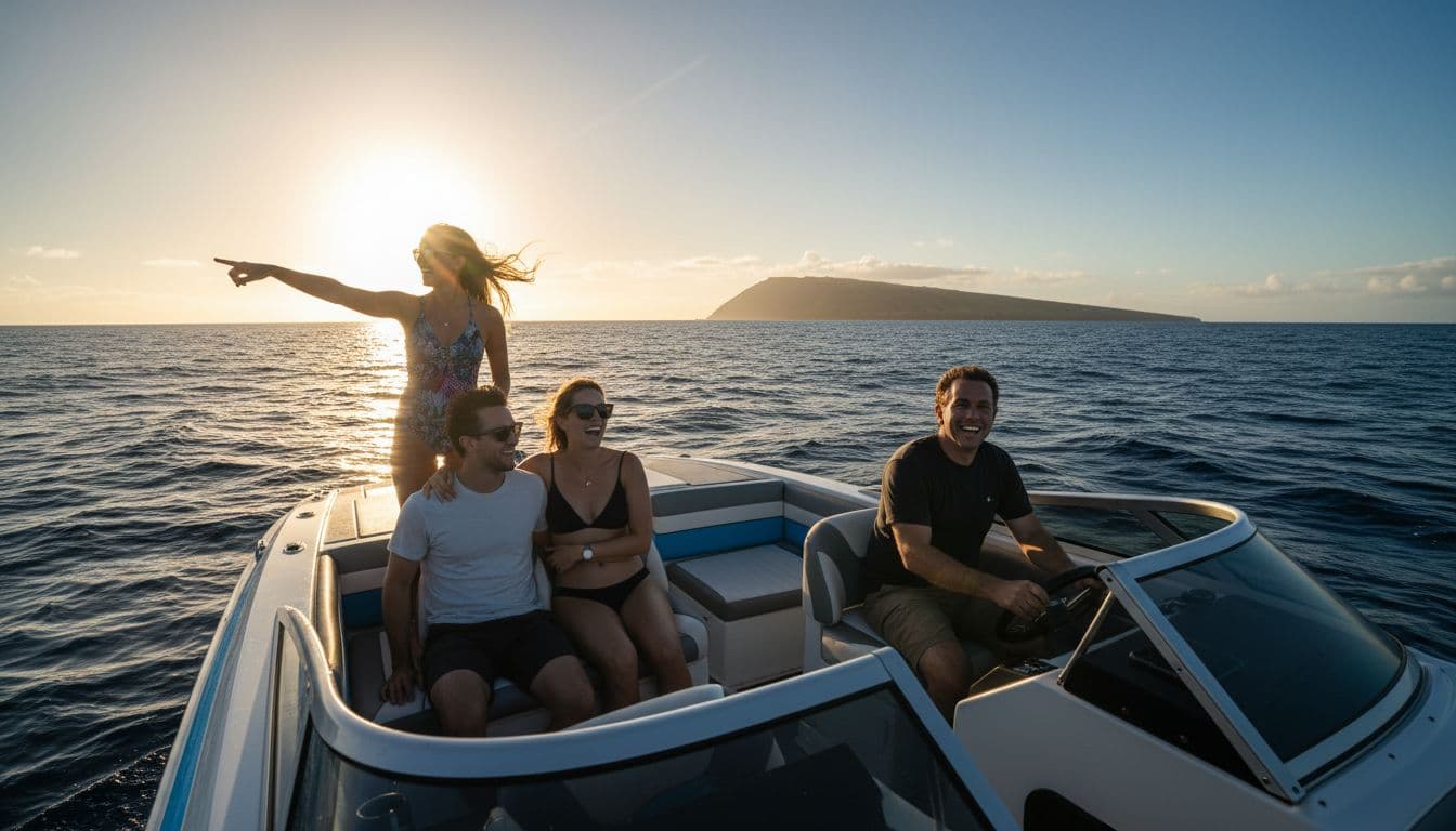 Four people sit on a boat deck enjoying a sunny day on the ocean in Hawaii.