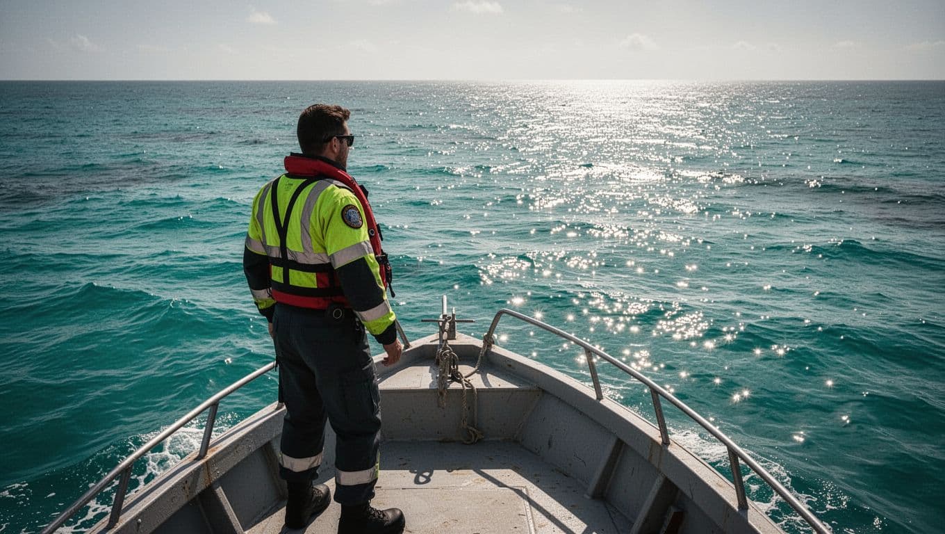 A safety-equipped guide looks across bright ocean water from a boat.