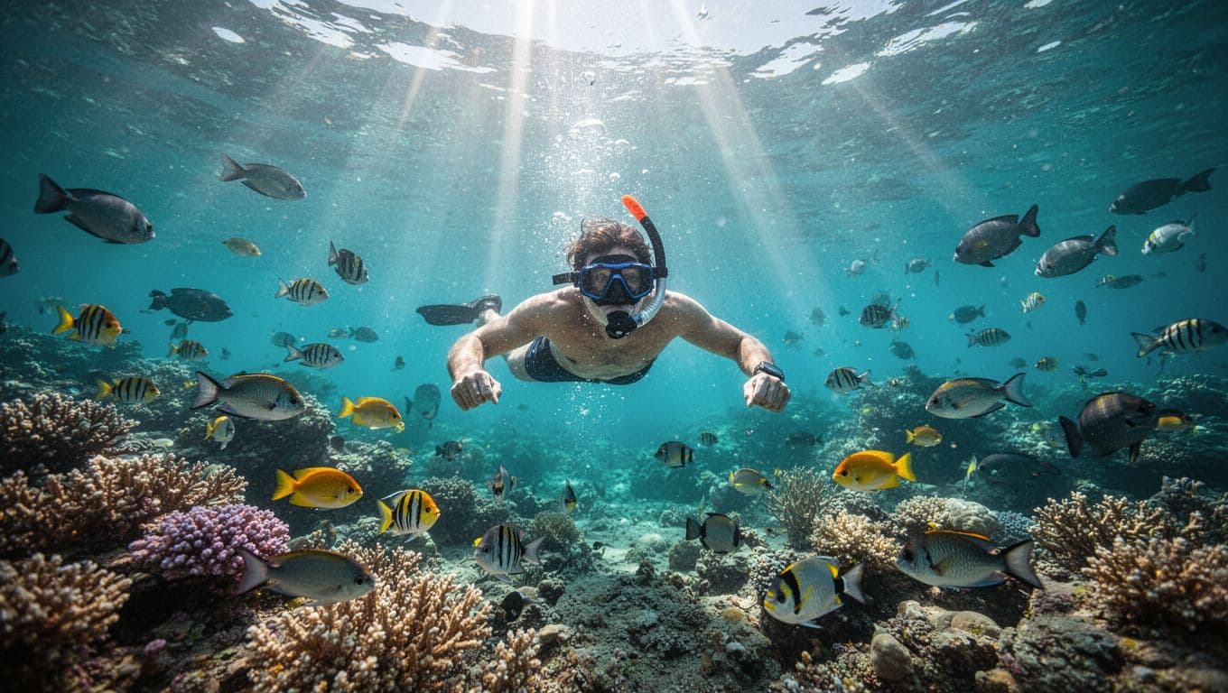 A snorkeler floats above a vibrant coral reef filled with exotic tropical fish. Bright sunlight pierces the turquoise water surface, creating shimmering light patterns across the colorful, diverse underwater ecosystem floor.