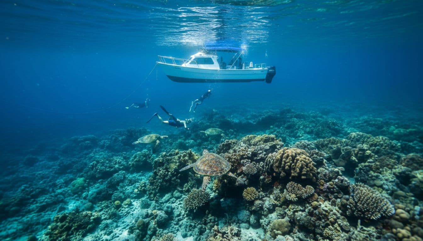 Boat floats in clear blue Hawaiian reef water with nearby snorkelers, sunlight filtering through surface.