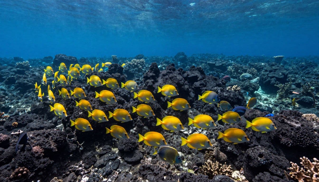 A school of colorful reef fish circles black lava pinnacles in sunny Hawaiian water.