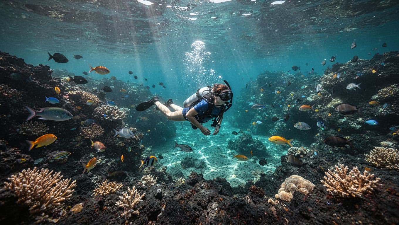 A snorkeler watches marine life above a volcanic reef in clear turquoise water.