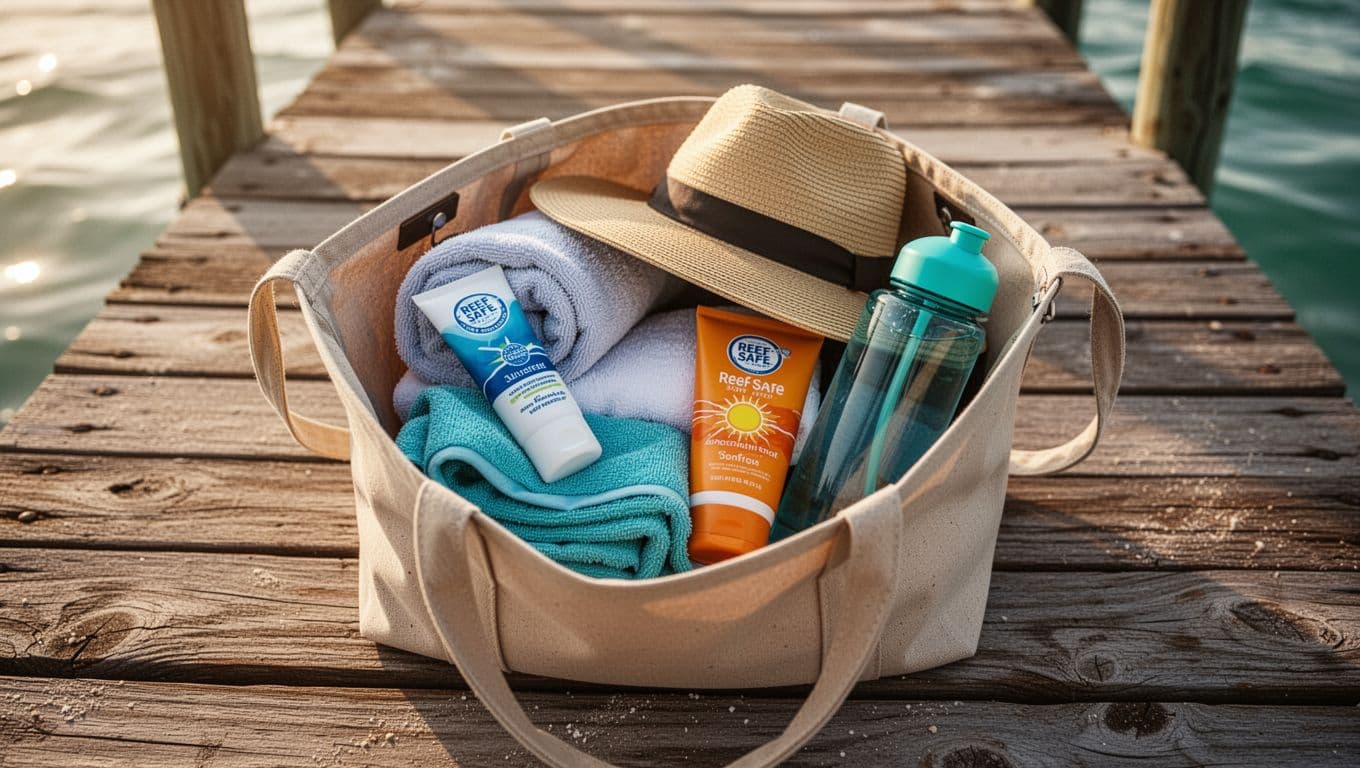 Open beach bag on wooden dock holds folded clothes, towel, sunscreen, hat, and water bottle.
