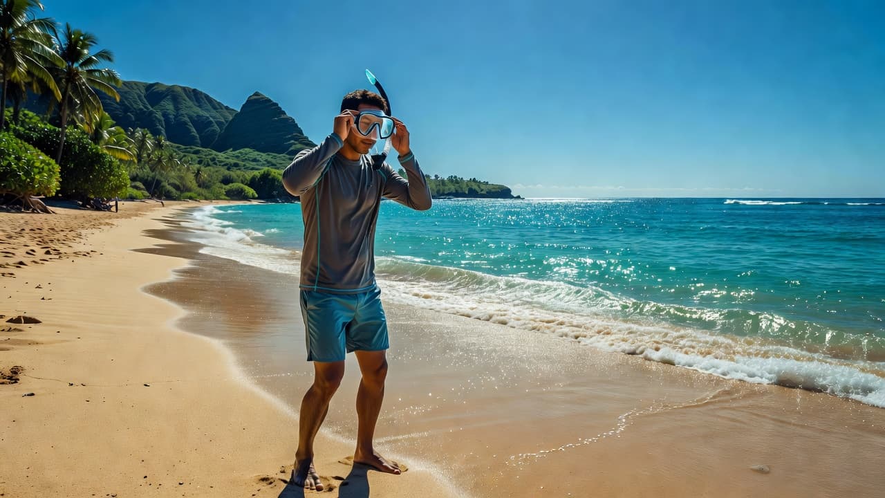A traveler on a sunny beach holding a snorkel mask and wearing a sun shirt.