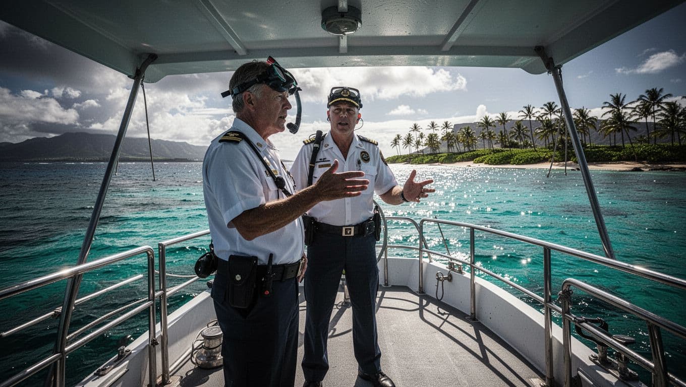 A captain gives a safety briefing alone on a sunny snorkel boat deck in Hawaii.