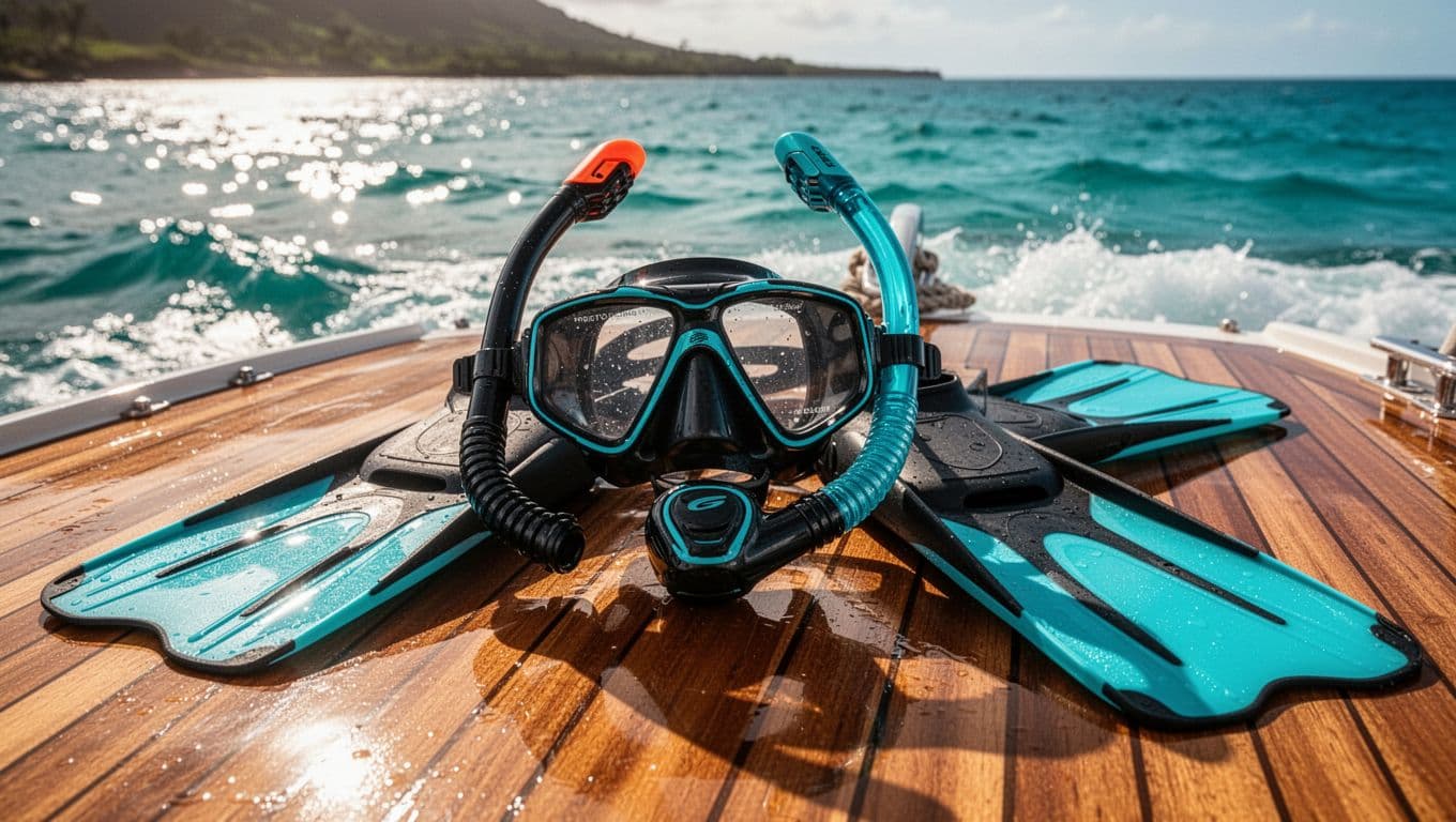 Snorkel gear and blue fins rest on a wooden boat deck above sparkling ocean waves.