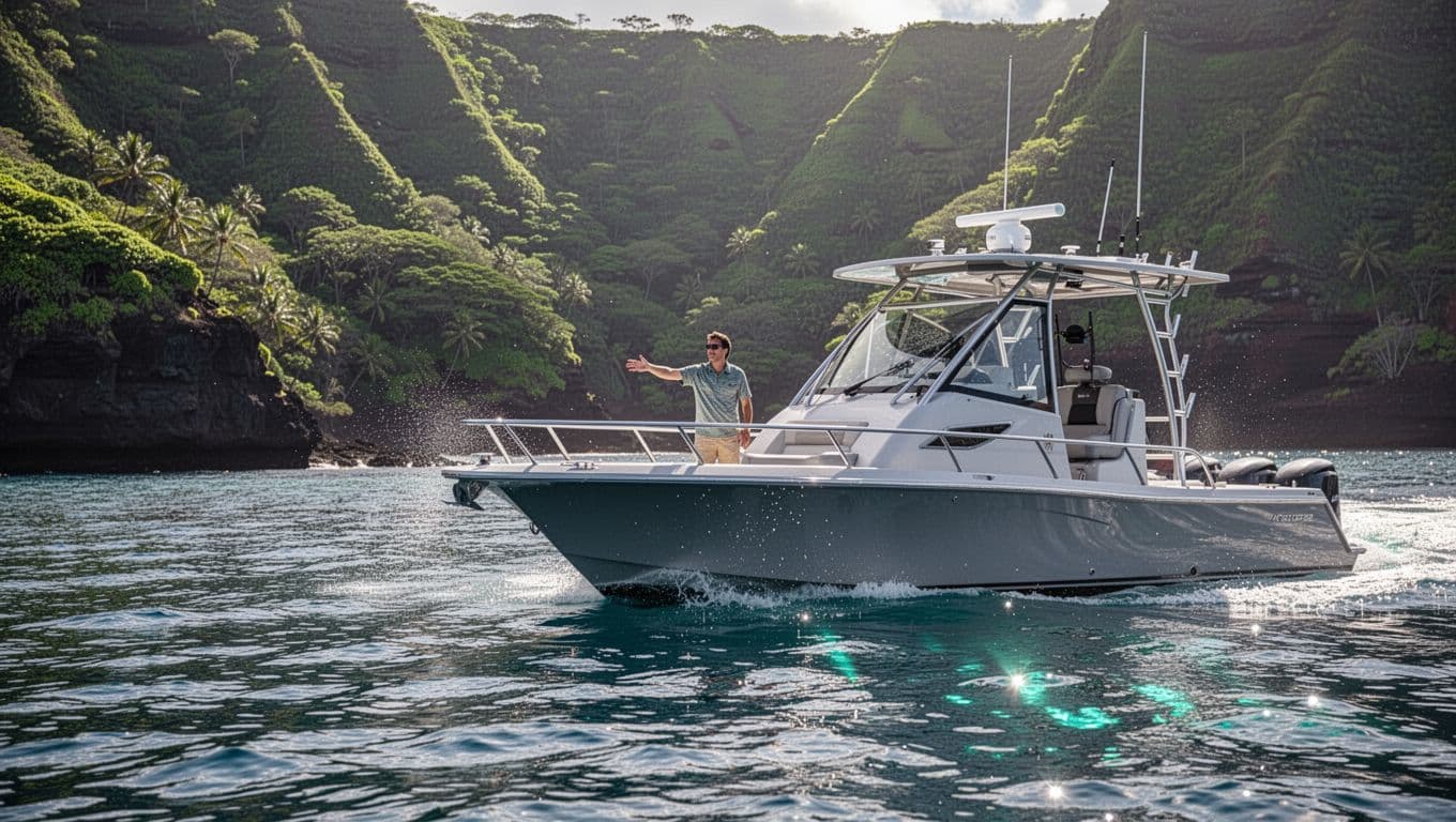 A guide stands on a modern boat near green Hawaiian cliffs.