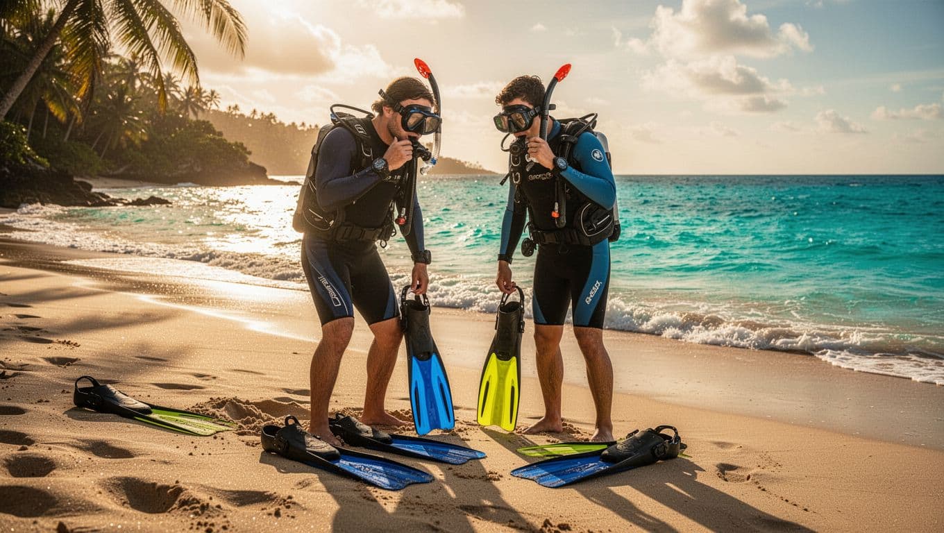 Two snorkelers check a mask and fins on a sunny Hawaiian beach.