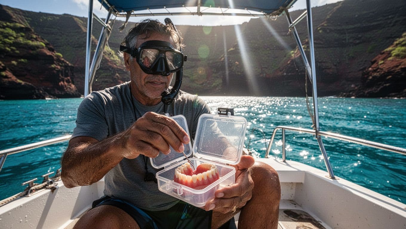 Traveler placing a removable denture in a protective case on a Hawaiian snorkel boat.