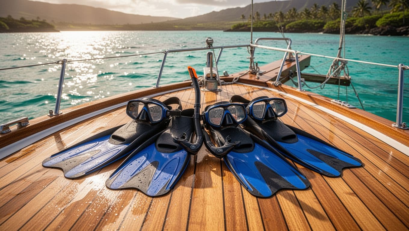 Snorkel fins and masks arranged on a sunny teak boat deck in Hawaii.