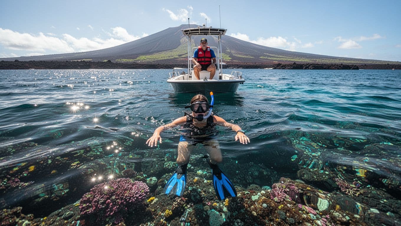 A snorkeler floats near a boat as a guide watches over clear Hawaiian water.