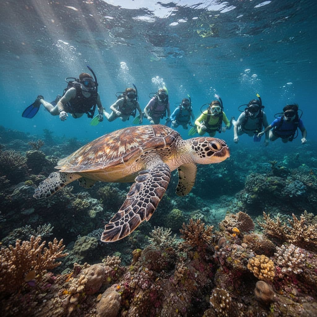 A graceful sea turtle glides through crystal clear turquoise water near a vibrant coral reef. Several snorkelers float peacefully above the marine creature while observing the abundant life below them.