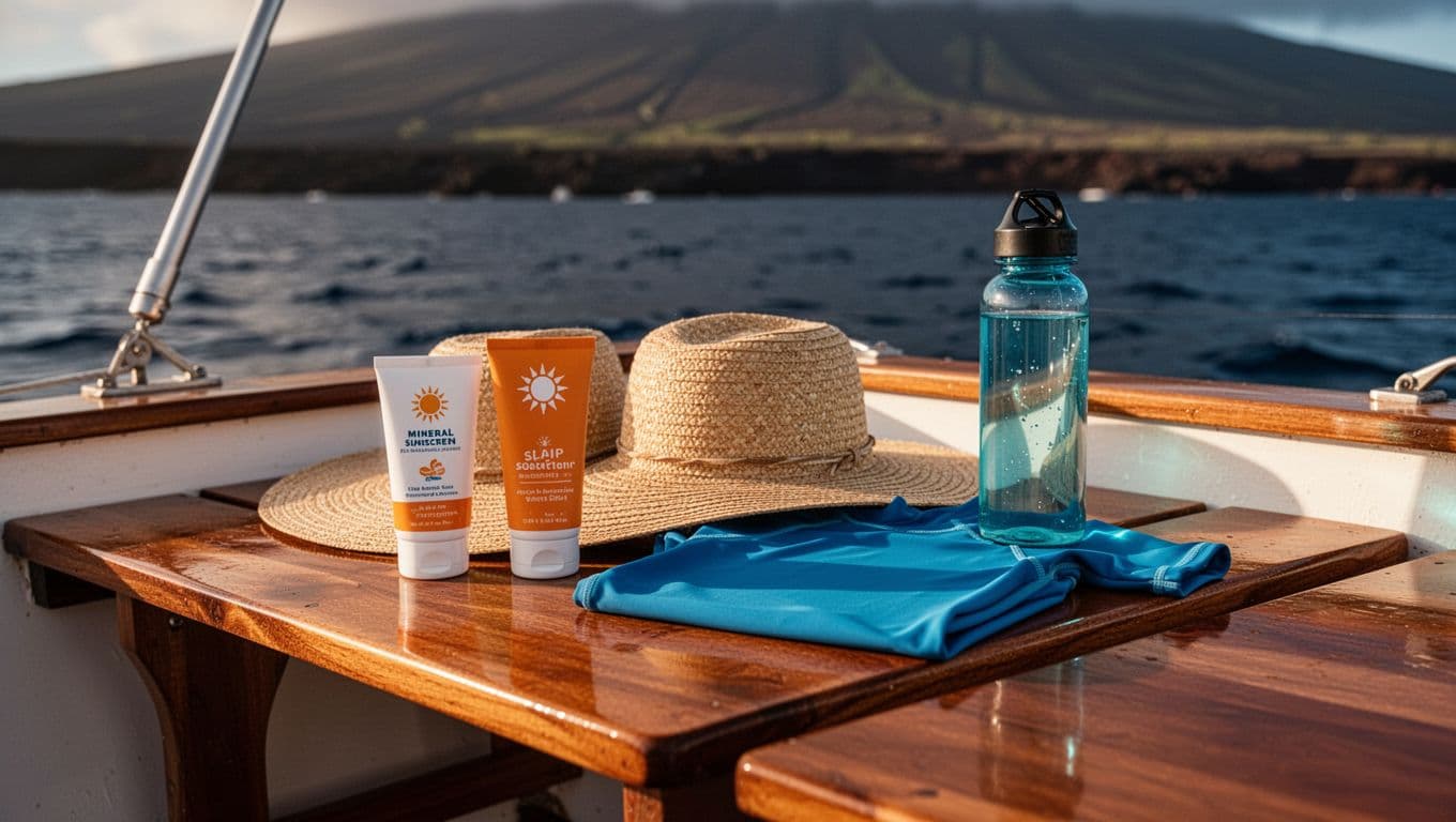 Sun protection items arranged on a boat bench near the Kona coast.