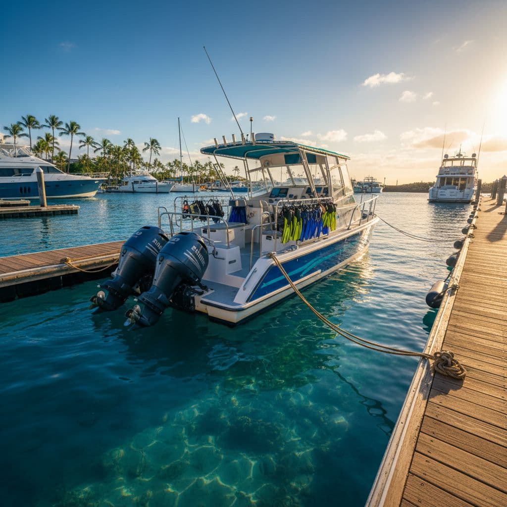 A compact white tour boat floats in a serene marina with sparkling cyan water. The vessel is prepped for an excursion, resting against a wooden pier under bright tropical sunlight.