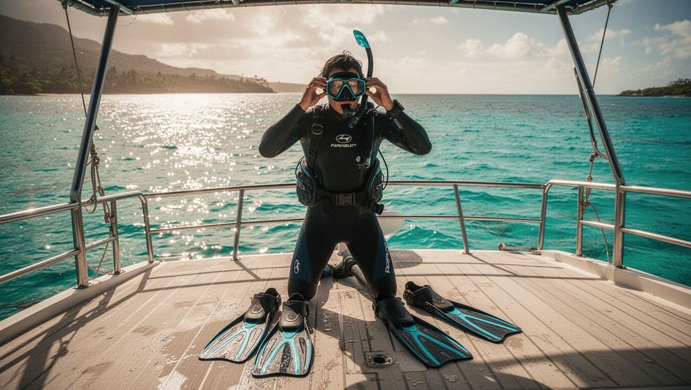 A snorkeler adjusts a mask beside cyan fins on a sunlit boat deck.