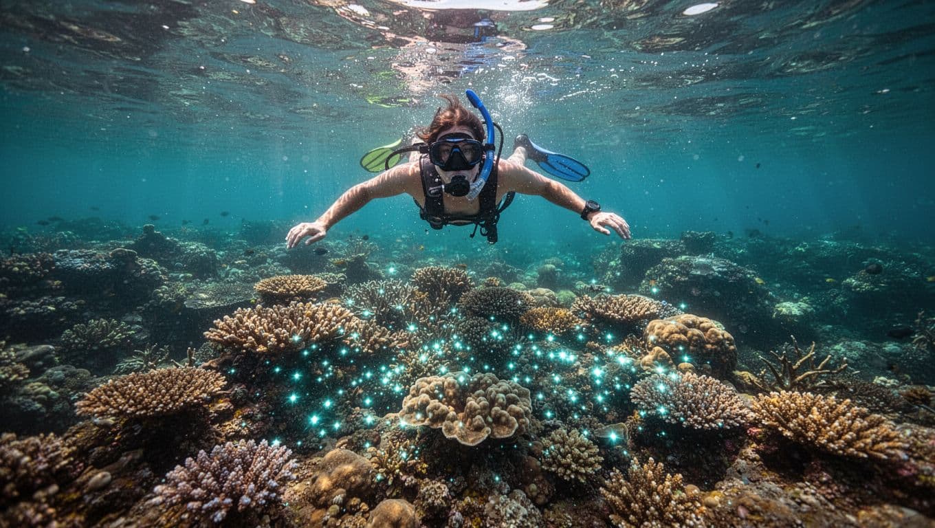 A snorkeler examines a coral formation in clear Hawaiian water.