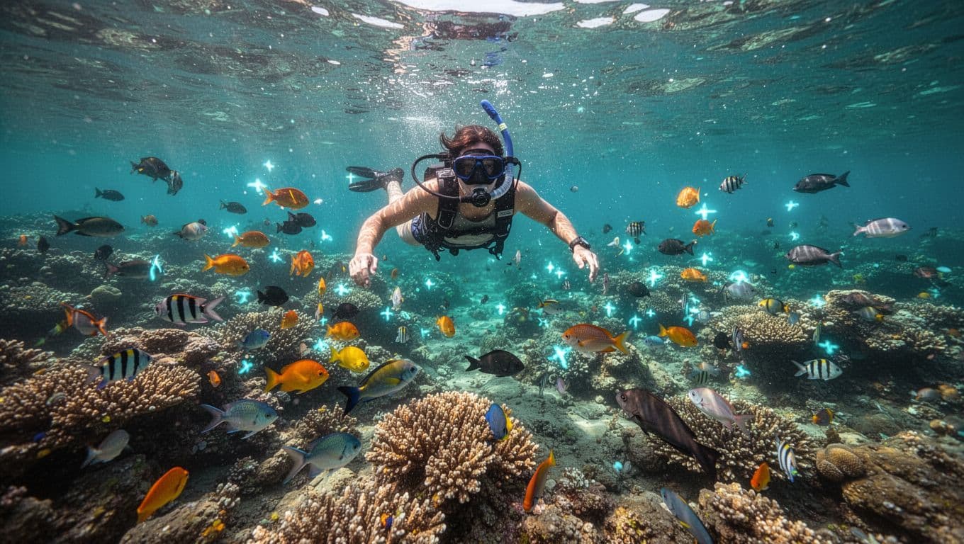 A snorkeler observes colorful coral and fish in clear Hawaiian water.