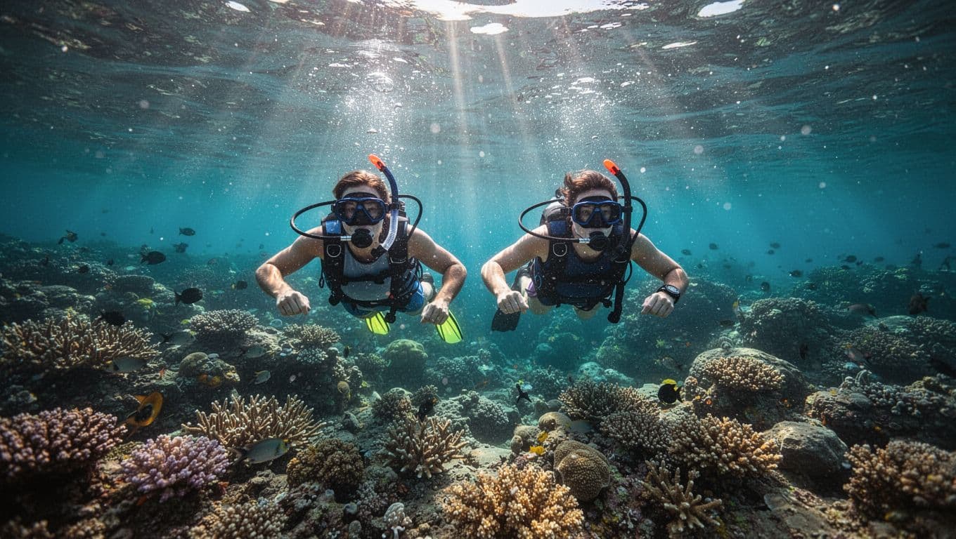 Two snorkelers swim together above a colorful coral reef in Hawaii.