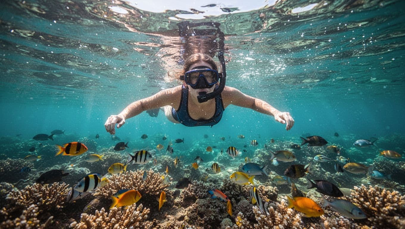 A person floats peacefully on the surface of vibrant, turquoise Hawaiian water while peering down at a bustling coral reef teeming with exotic, multi-colored tropical fish under the bright sun.
